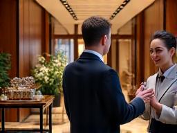 Concierge heisst einen Gast in einer eleganten Hotel-Lobby willkommen.