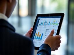 Ein Hotelmanager analysiert Leistungsdaten auf einem Tablet.