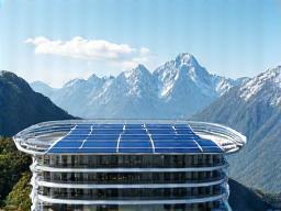Solarpanels auf dem Dach eines Hotels vor einer Bergkulisse.