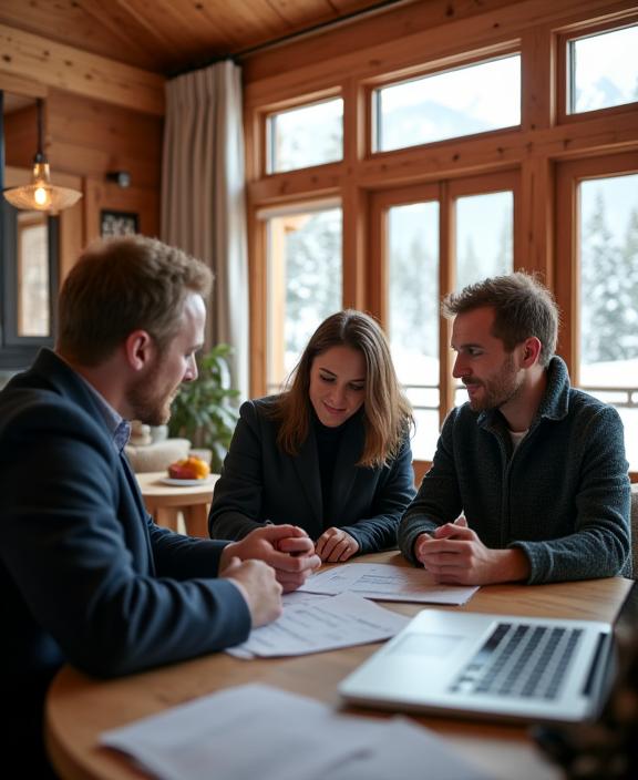 Das Gründerteam von AlpenNest Hospitality bei einer strategischen Besprechung in einem luxuriösen Chalet.